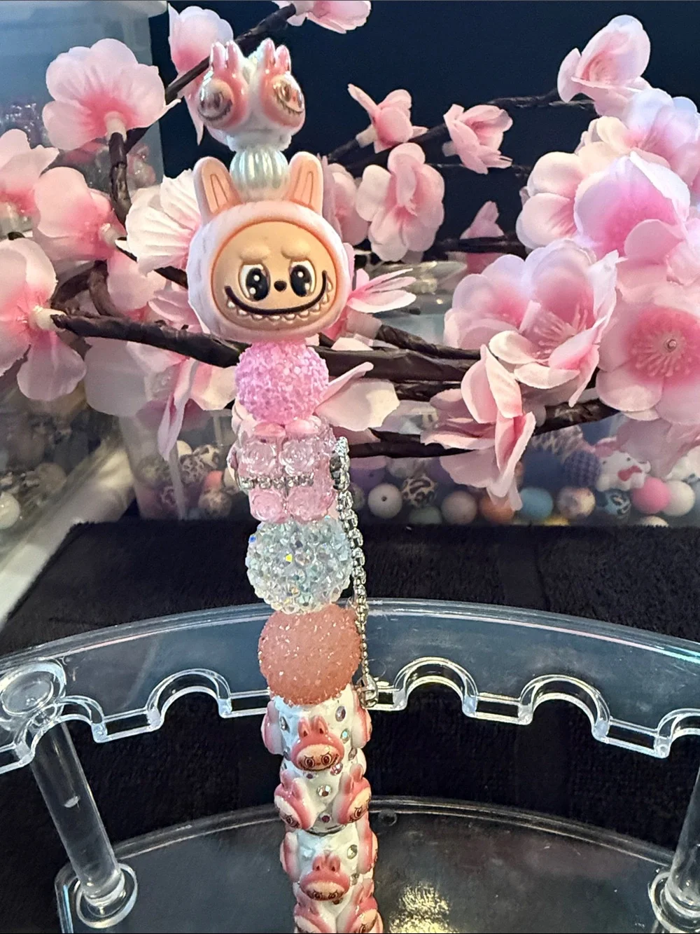 Handmade Pink Bunny Beaded Charm Keychain